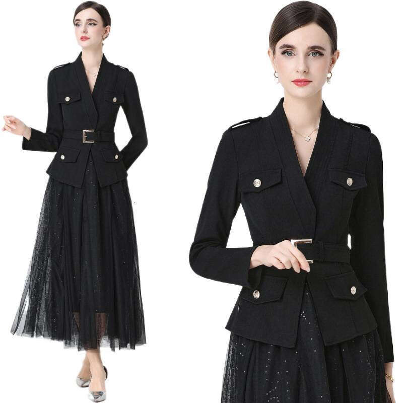 Designer Women's Fashion Suit High A14 end Texture Elegant Long sleeved Top Mesh Half skirt Two piece Set with Belt