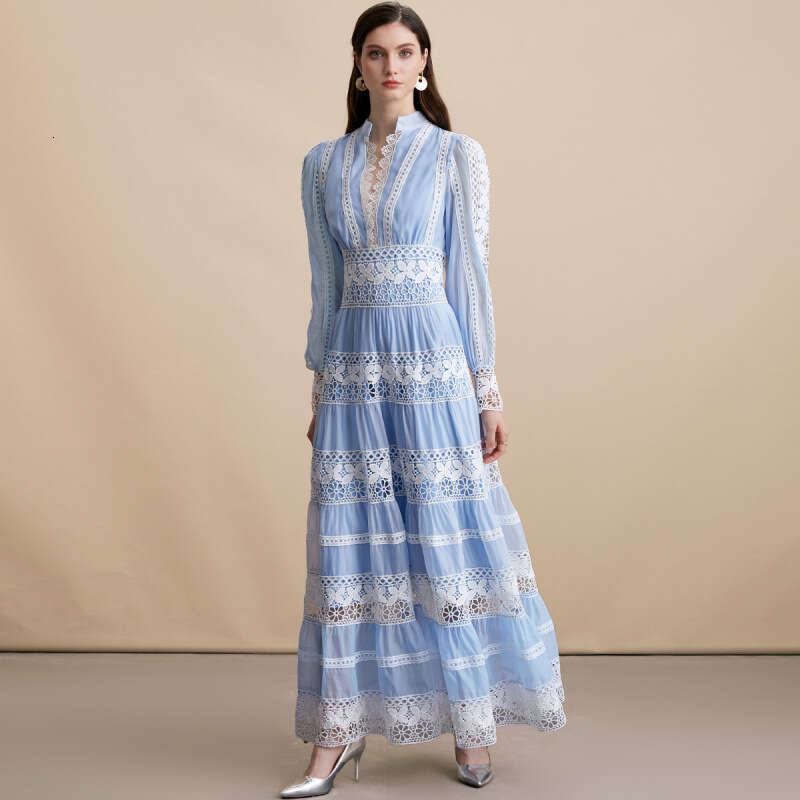 New B15 autumn and winter French long women's lace trimmed V-neck design lantern sleeves slim fit dress 2026