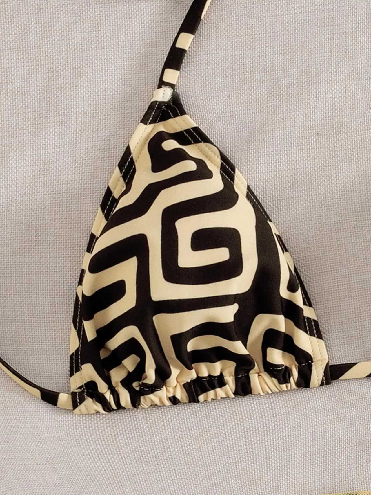 Vintage Yellow Geometry Print Bikini Set Women Halter Push Up Bra Mesh Skirt 3 Piece Swimsuit Bathing Suit Holiday Swimwear 2026 M260321