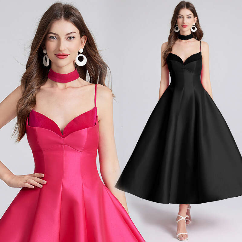 French retro socialite style Hepburn k30 style sexy backless dress designer waist cinched V-neck slim shoulder strap
