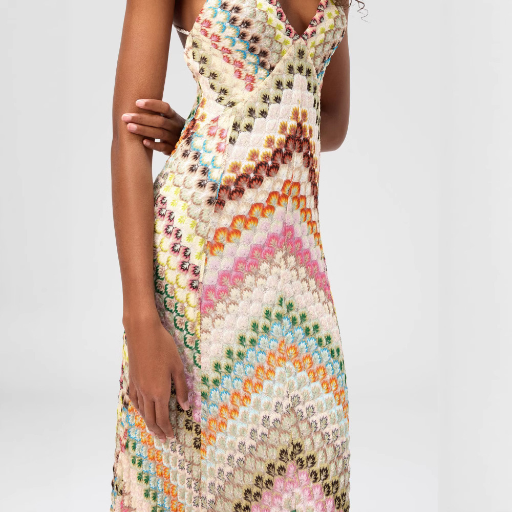 2025 European and American cross-border new foreign trade spliced long gown, lace strap dress, hand-knitted