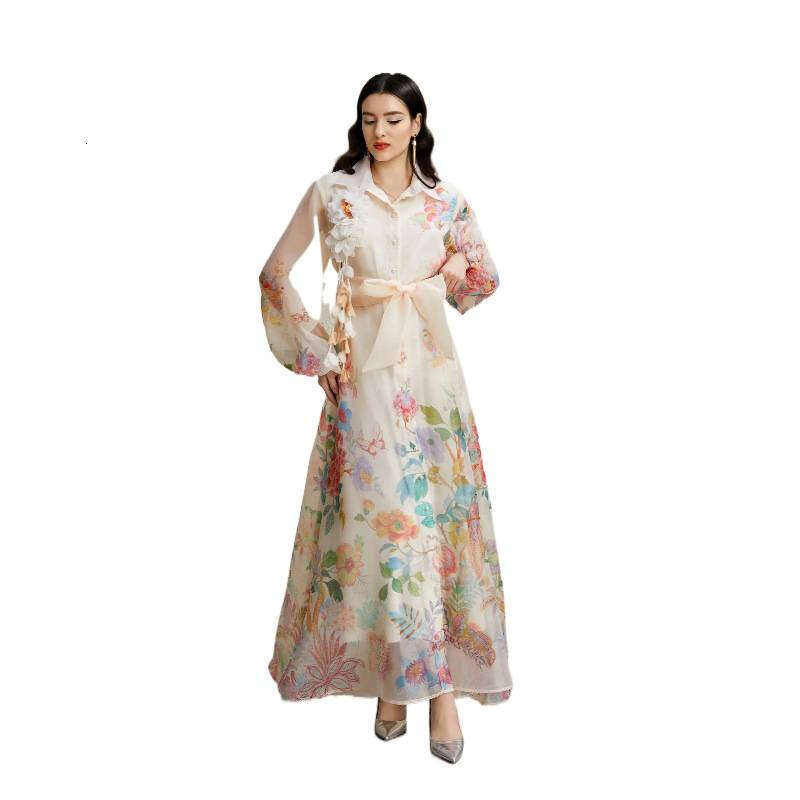 European and American women's clothing 2026 designer autumn three-dimensional floral B15 lantern sleeve long sleeved printed dress