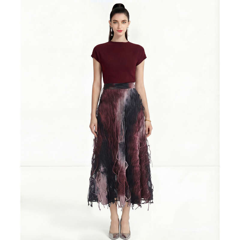 20026 Designer's new fashionable women's short sleeved T-shirt, retro gradient tie dye tassel umbrella skirt k30 two-piece set