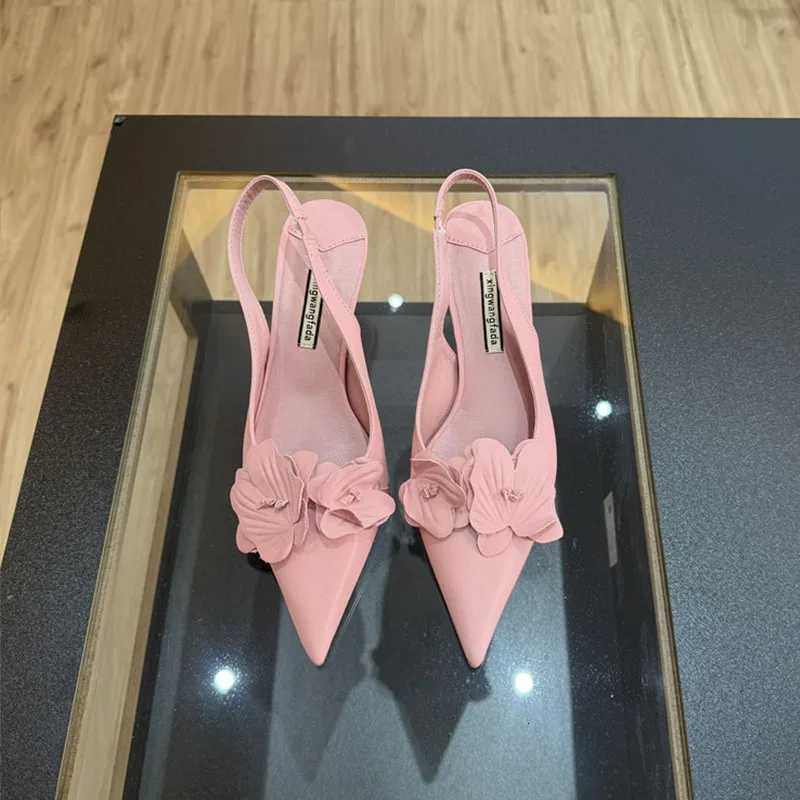 Pink Fashion Sexy Flower Female Pointed Toe Thin Low Heel Pumps Women Elegant Wedding Slingbacks Mules Ladies Heeled Shoes C260321