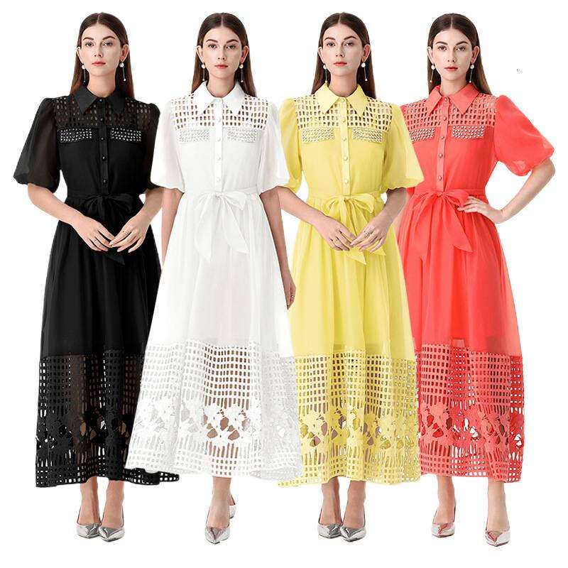 Spring/Summer Designer French Women's Collar Single breasted A14 Hollow Beaded Lace Splicing Long Belt Fairy Skirt