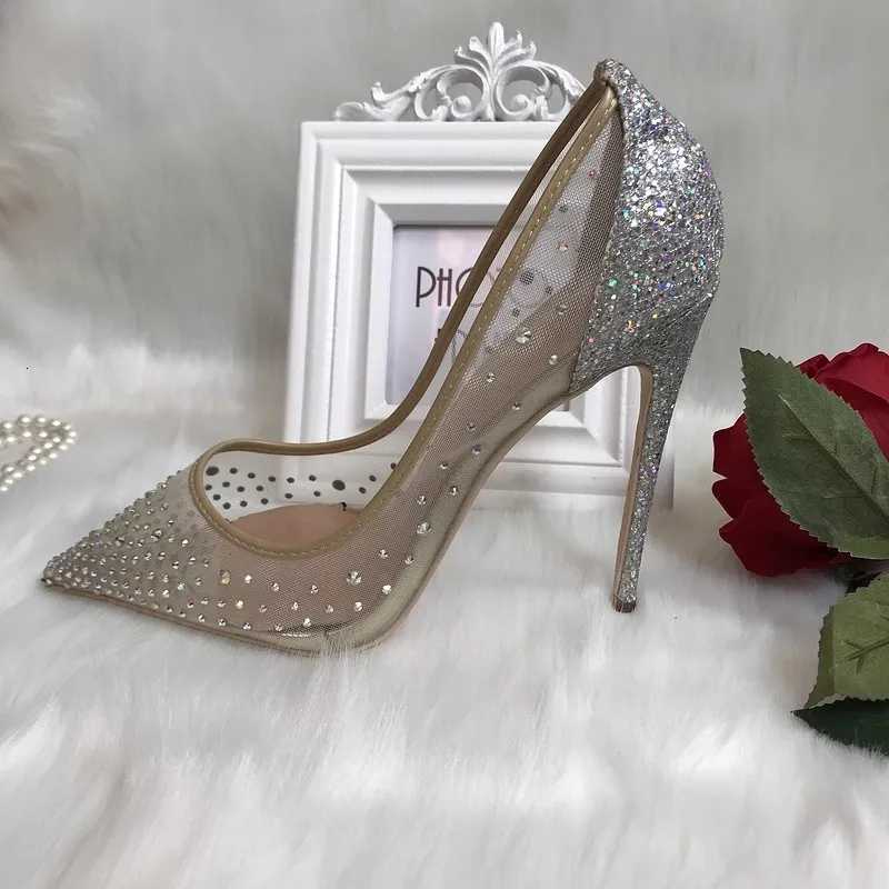 Summer pointed shallow mesh rhinestone sequins thin belt single shoes thin high-heeled dress large size small size women sandals C260321