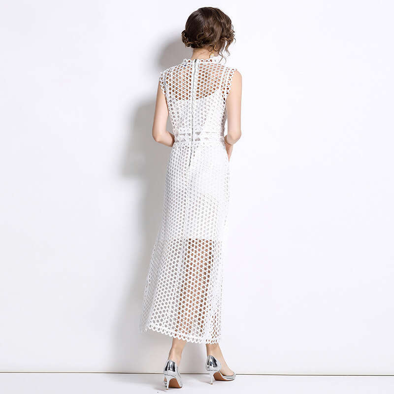 Summer New Designer French Fashionable Evening Dress Mature and Elegant Salt Style A14 Hollow Round Neck Split Sleeveless Dress