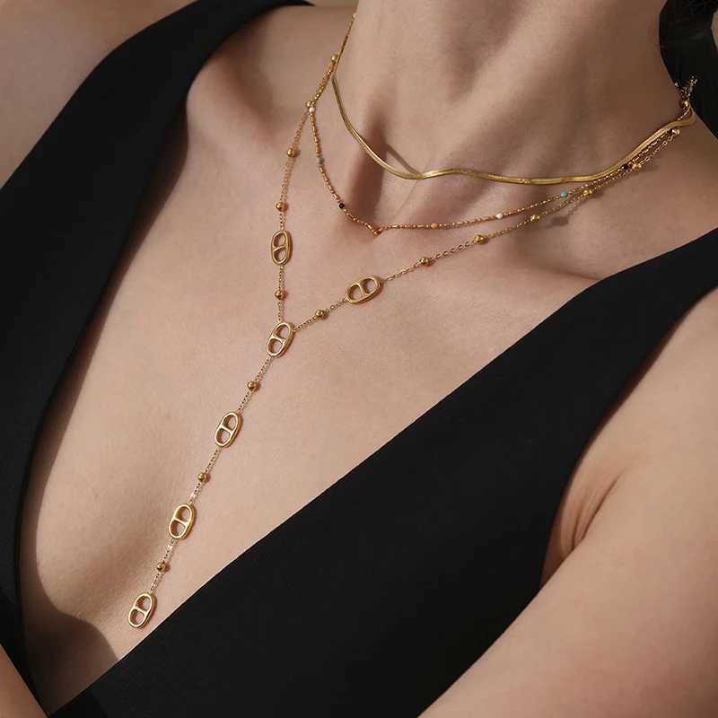 Premium Stainless Steel Long Necklace Trendy Pig Nose Style Y Shape Drop Pendant Waterproof Necklace for Wen Girls Jewelry X2603211