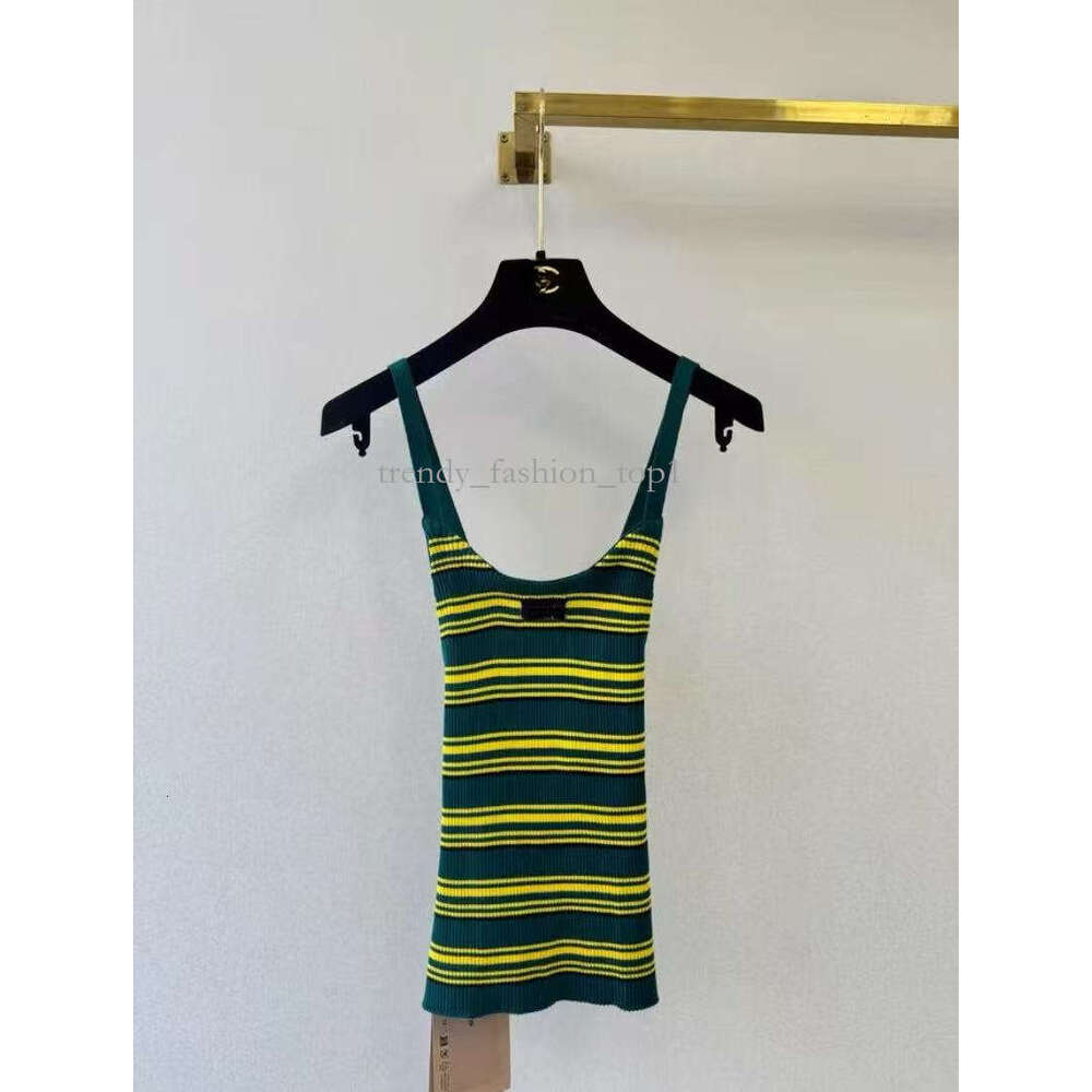 Muily Tanktop Retro Streetwear Tanktop Miutmiue Vest Green Yellow Stripe Ribbed Knit Sleeveless U Neck Casual Summer Outfit Fashionable Tanktop D93