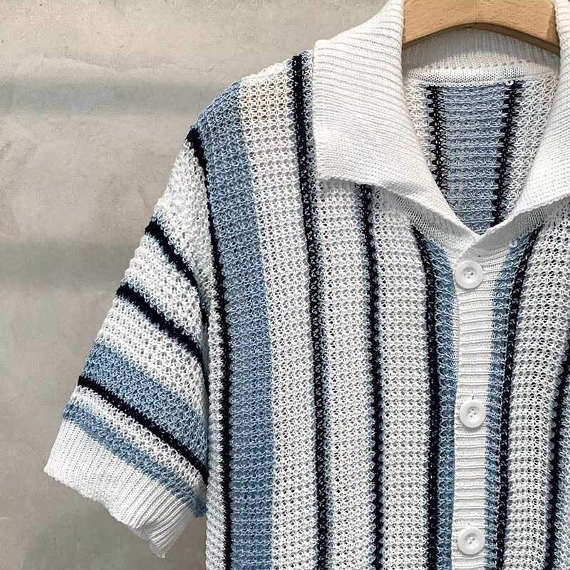 Luxury Brand Designer American-style striped high street tank top knit shirt men summer simple and casual with a relaxed feel collared hollowed-out ha