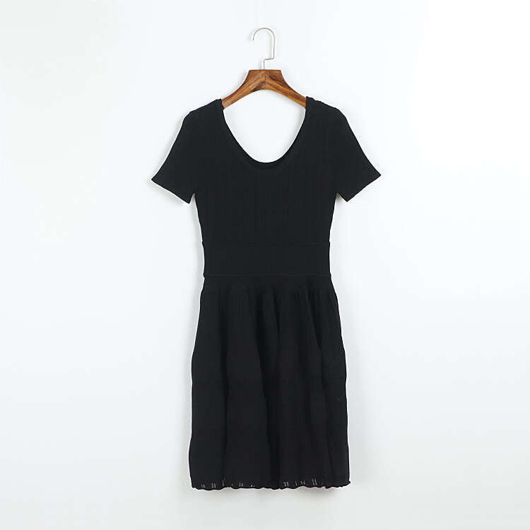 Summer designer pink double U-neck short sleeved knitted ribbed elastic hollow j29 pleated women's dress