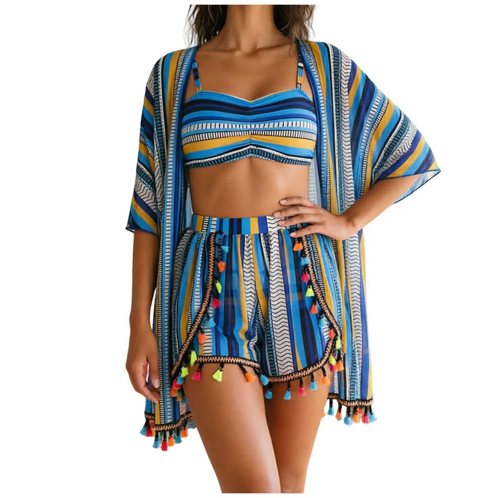 4 Piece Bikini Set 2026 Women Swimsuits Boho Tassels Sunscreen Blouse Cover Up Beach Shorts Bathing Suit Holiday Swimwear M260321