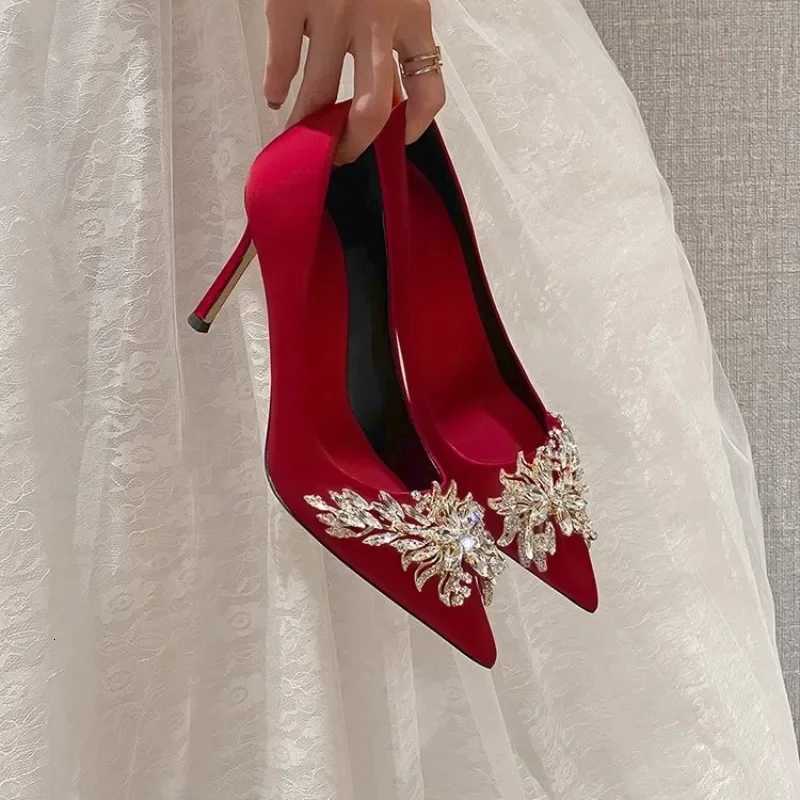 Satin Rhinestone Crystal Shallow Pumps Stiletto High Heel Fashion Womens Spring White Women Bridal Wedding Dress Heels Women C260321