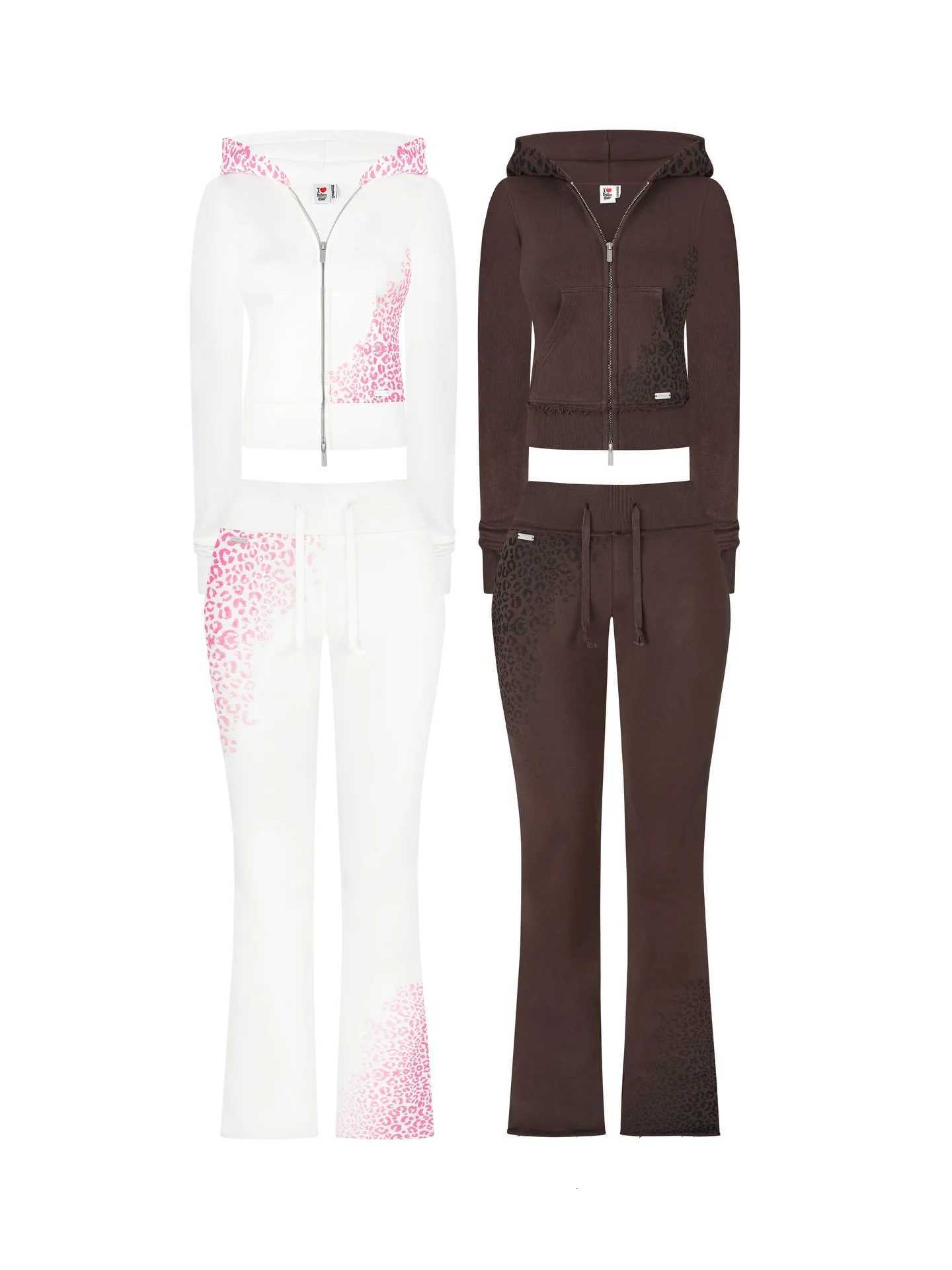Women Y2K Retro Leopard Print Short Hooded Sweatshirt Micro Flared Pants Sports Suit Soft Fashion Slim Fit Yoga Wear 2-piece Set X260321