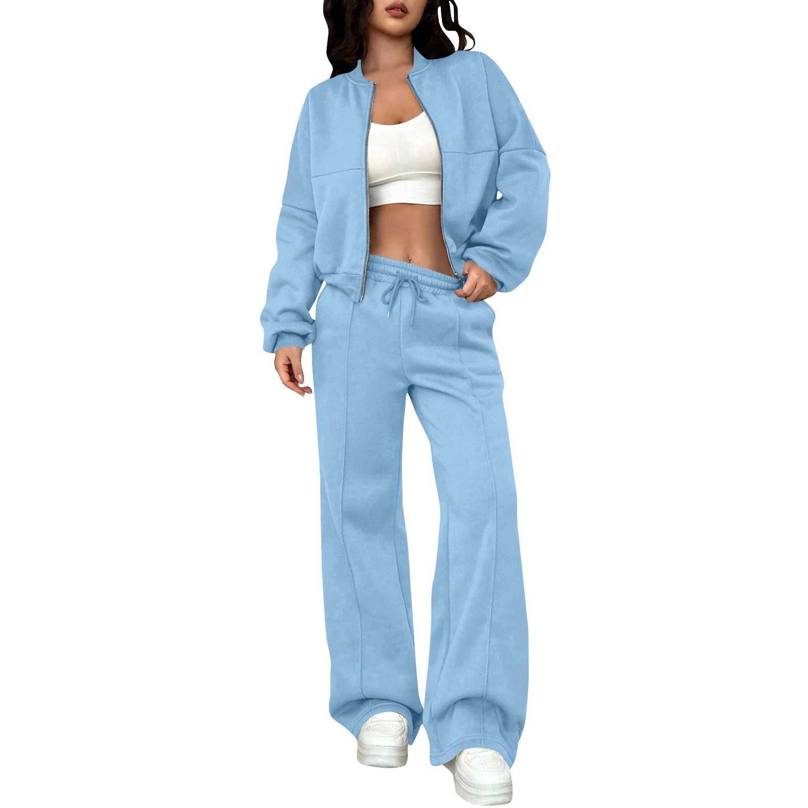 Women Fashion Solid Color Lapel Zipper Short Sleeve Coat Wide Leg Pants Two Piece Set Leisure Style Loose Comfy Sports Suit X260321 - view 3