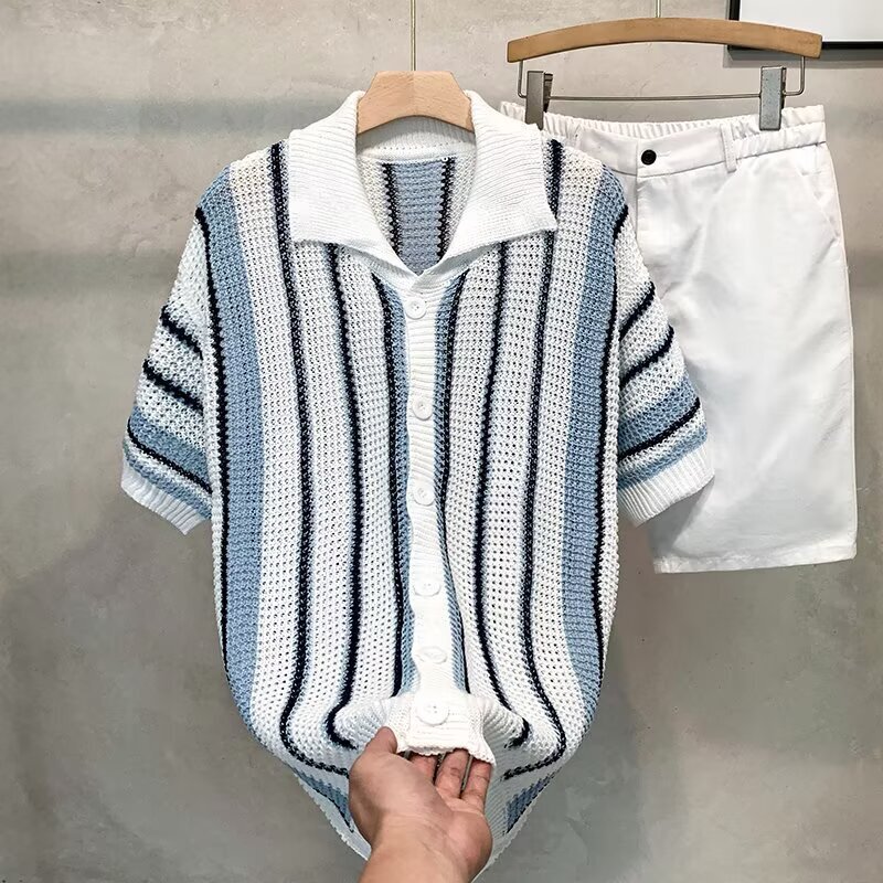 Luxury Brand Designer American-style striped high street tank top knit shirt men summer simple and casual with a relaxed feel collared hollowed-out ha