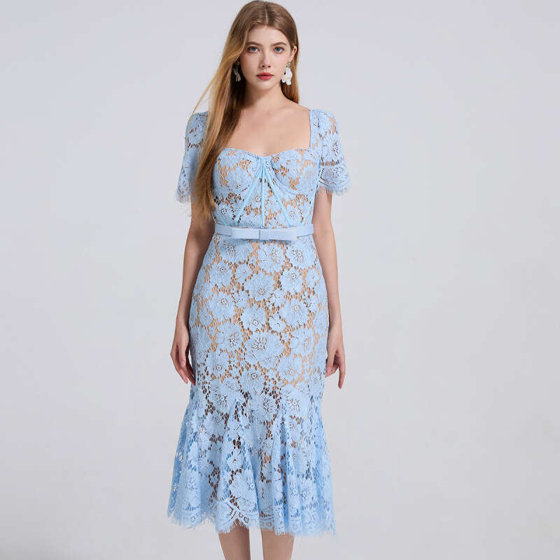 Designer French court style high-end k30 blue lace dress, sexy square neck fishtail long skirt, new women's model