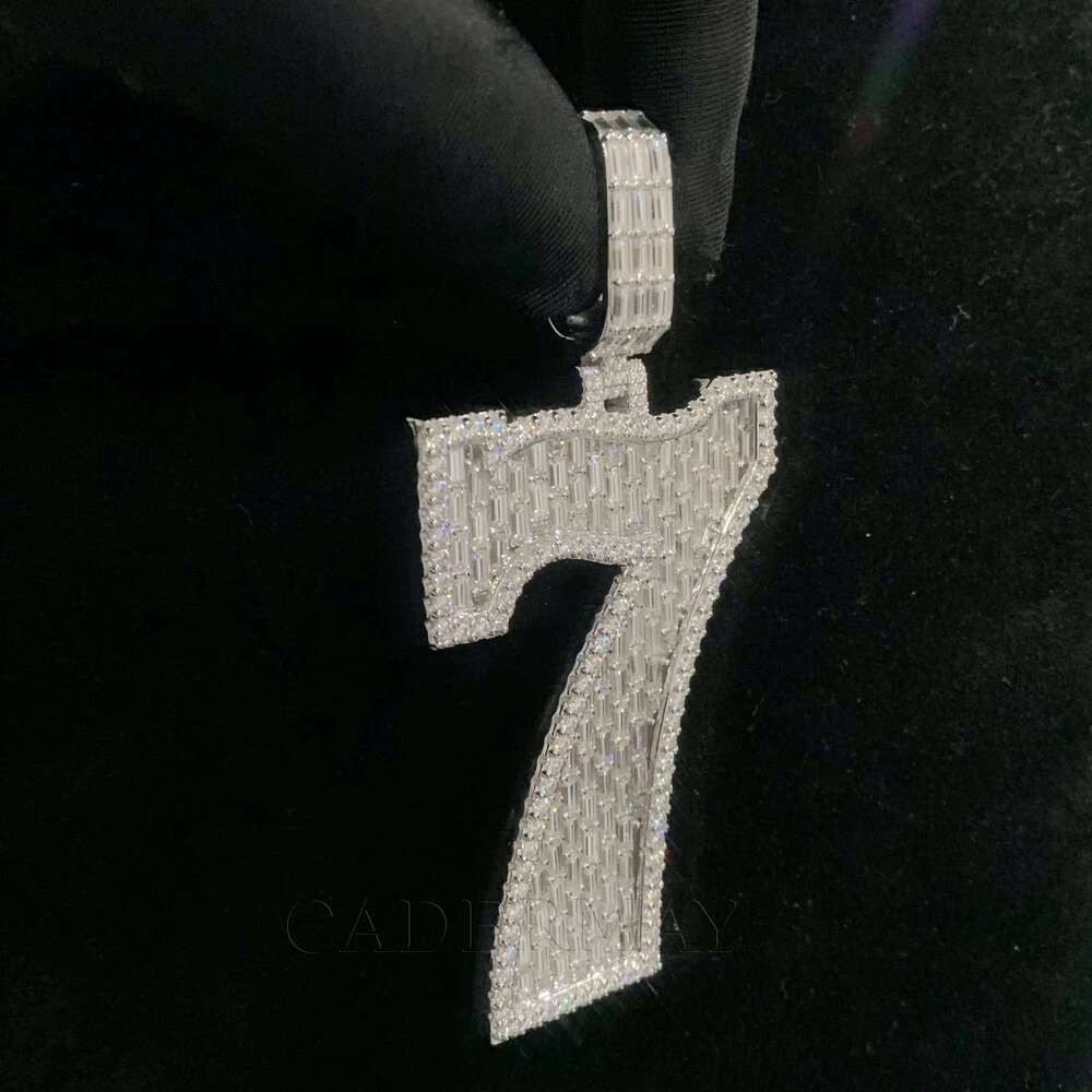 Hiphop Iced Out VVS Baguette Necklace 2.5In 7 Bling Rapper Moissanite Number Initial Pendant