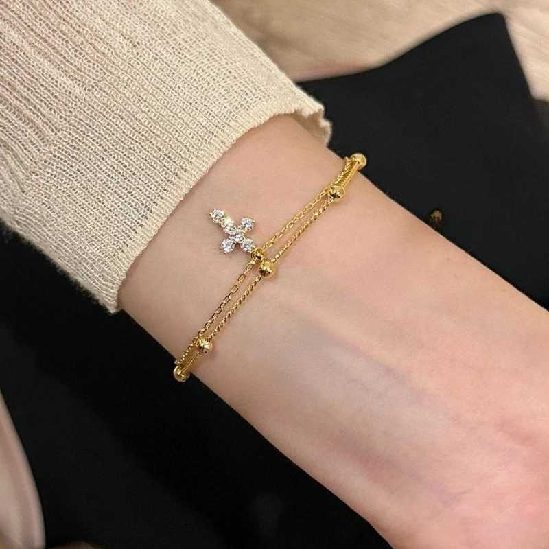 Fashionable Gold Color Womens Cross Chain for Girls Shining with Zircon Inlay Double-layer Adjustable Charm H260321 - view 4