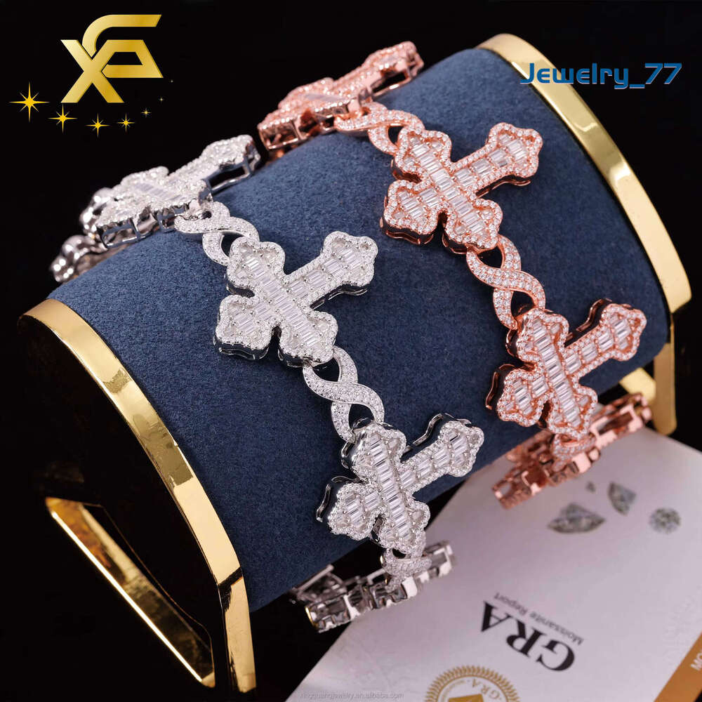 Sterling Silver Iced 925 Out Infinity Cross Link VVS Baguette Diamond Hiphop Jewelry Cuban Moissanite Bracelet Jewelry77