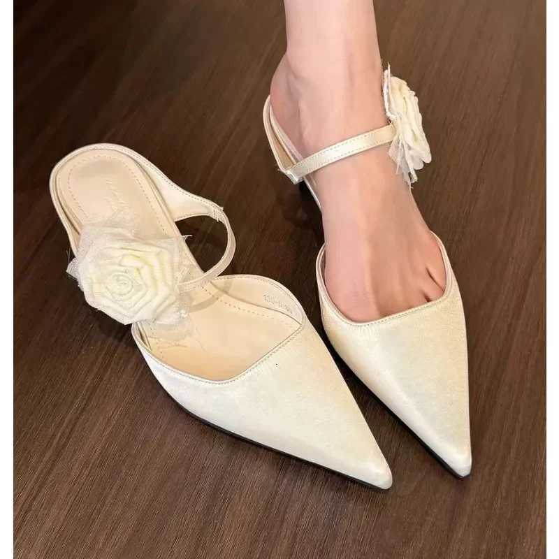 Womens Flower Slippers Pointed Toe Thin Heels Satin Cover Toe High Heel Dress One Kick Mature Elegant Zapatillas De Mujer C260321