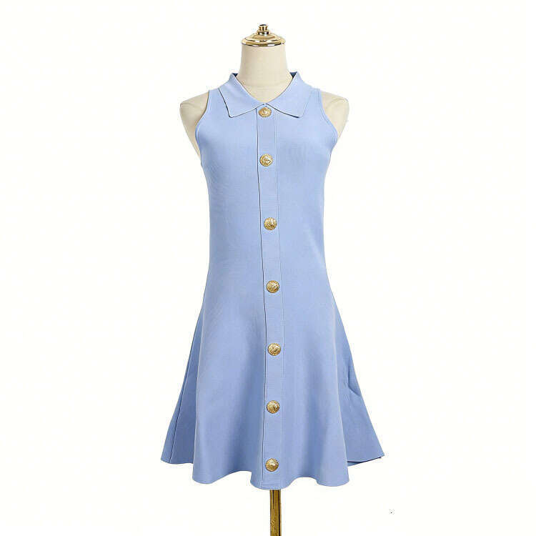 Designer's new sleeveless knitted dress with fold over collar, metal single breasted j29 waistband, A-line skirt