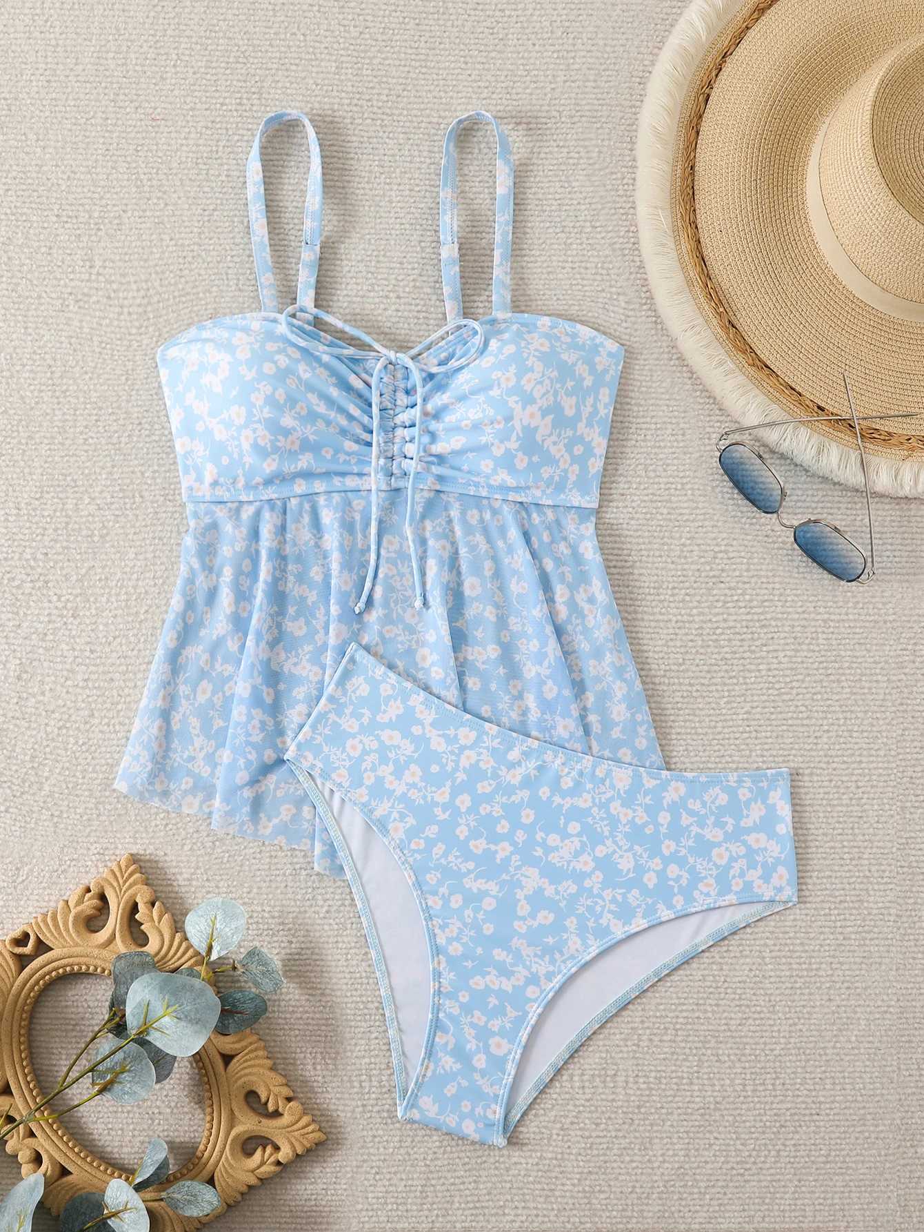 2026 Ruffle Tankini Two Pieces Strappy Swimsuit Women Drawstring Swimwear Female Bathers Bathing Swimming Swim Suit Beachwear M260321