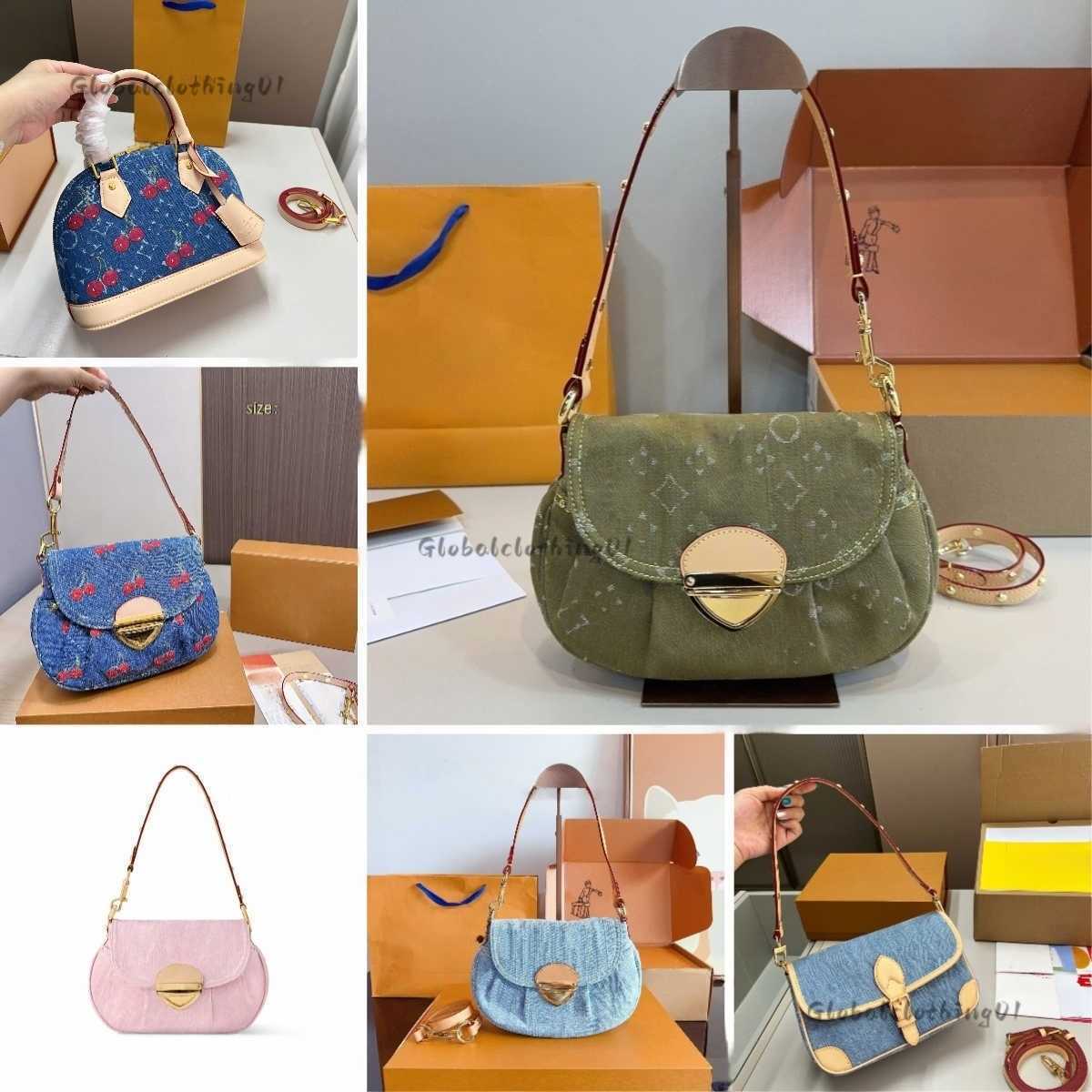 sunset vibe Cherry embroidered denim Green Retro jeans Womens Light blue designer bags Baguette Shoulder Bags NANO SP jean bag underarm purse flap crossbody