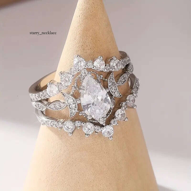 Crown Water Drop Shining Wax Inlaid Set for Women New Wedding Proposal Ring Three-Piece Set Shein Jewelry Style Rings