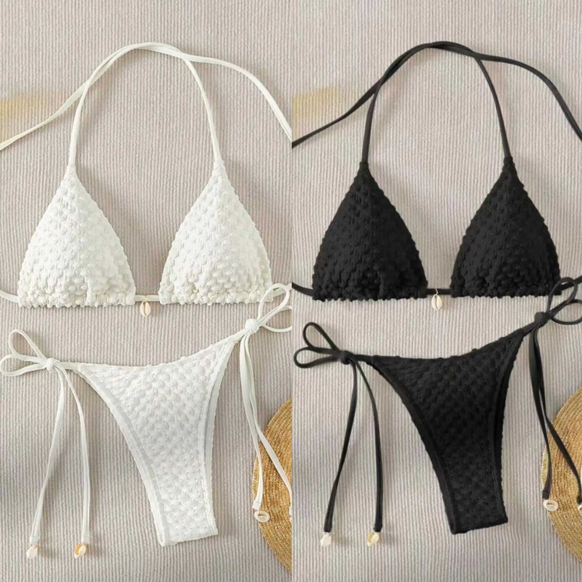 Fashion Sexy Shell Push Up Bikini Set White Black Tie Side Micro Triangle Swimwear for Girl Women M260321