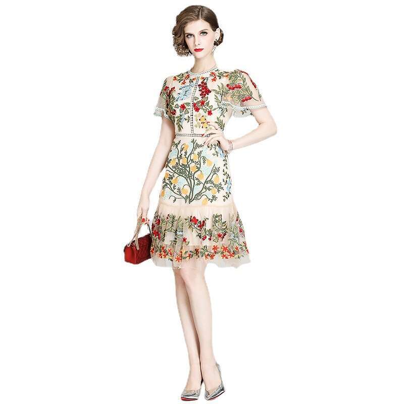 k30 2026 Designer Summer New Women's Fashion Water soluble Lace Short Sleeve Mesh Embroidered Waist Ruffle Dress