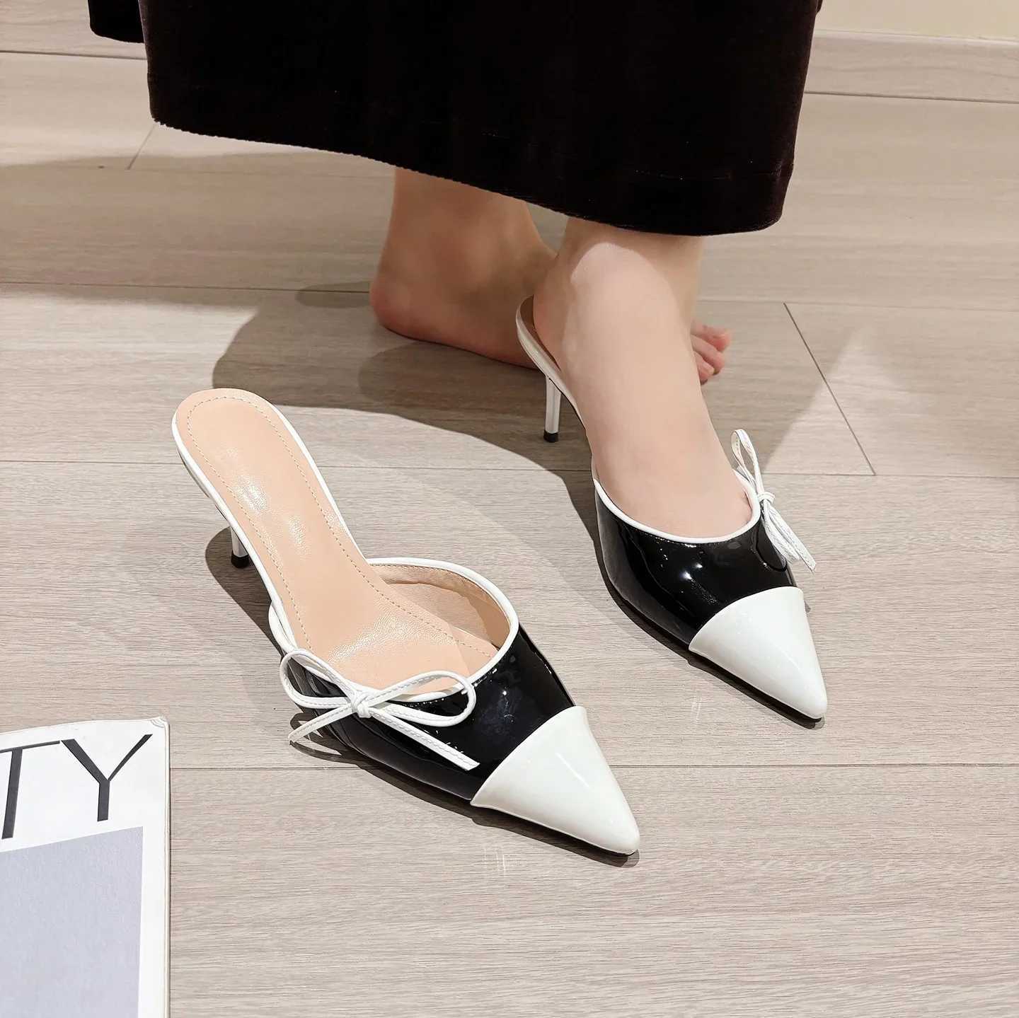 2025 New High-heeled 7CM Sandals for Women Color Blocked Butterfly Bow Pointed Plus Size Womens Shoes C260321