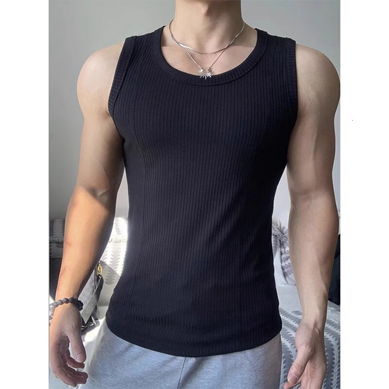 White Coarse Thread Tank Top Mens Summer Slim Fit Muscle-Enhancing Sleeveless T-Shirt American Style Fitness Sports Undershirt