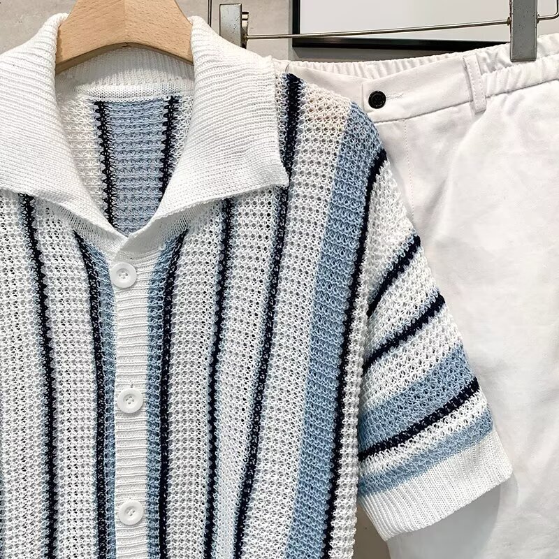 Luxury Brand Designer American-style striped high street tank top knit shirt men summer simple and casual with a relaxed feel collared hollowed-out ha