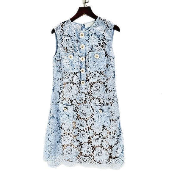 2026 Spring/Summer New Designer Blue Heavy duty Embroidered D7 Flower Lace Sleeveless A-line Dress