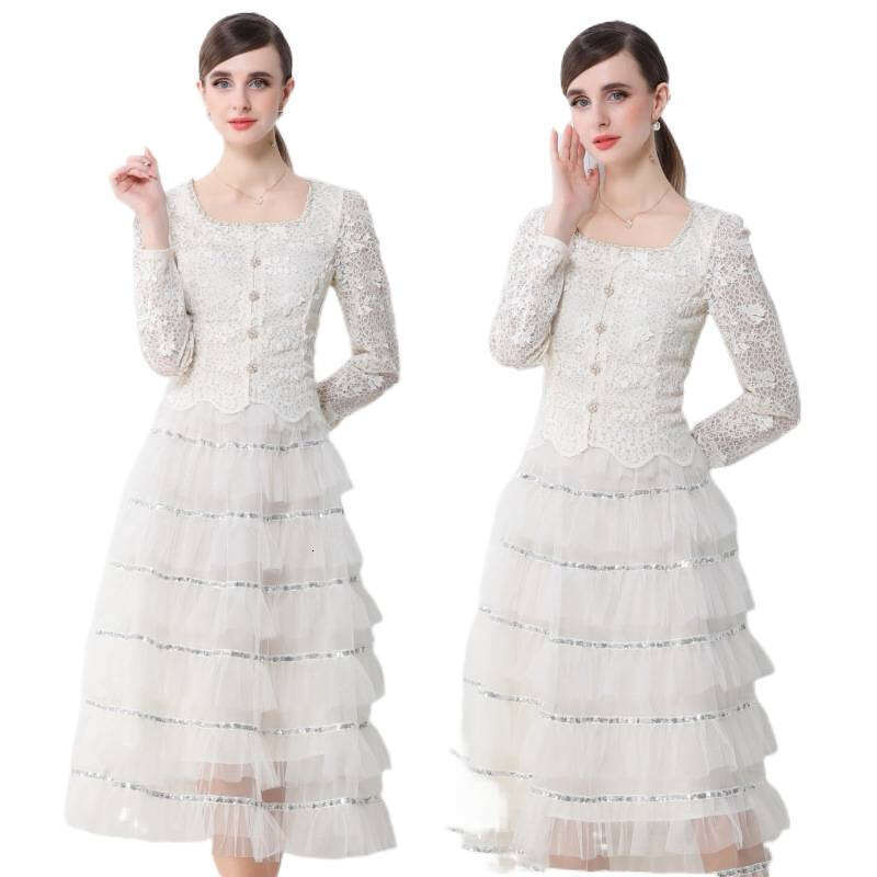 Designer French high-end elegant A14 fairy lace long sleeved women's spring and autumn lightweight sequin patch mesh cake skirt