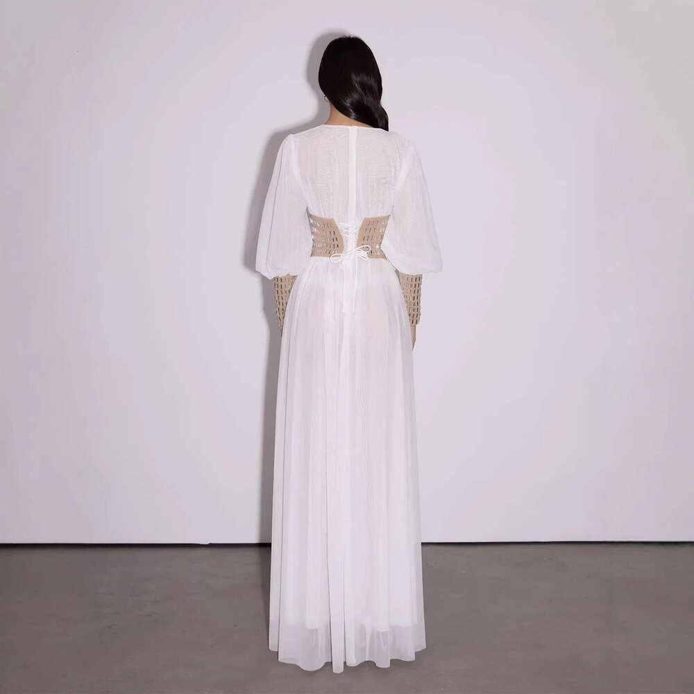 2026 Spring New Designer Bohemian A4 Style V-neck Hollow Lantern Sleeve Waist Fashion Long Dress