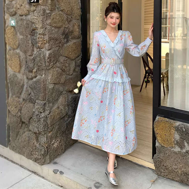Women's heavy-duty V-neck embroidered hollow French waist A14 fairy 2026 summer travel vacation style elegant floral long dress