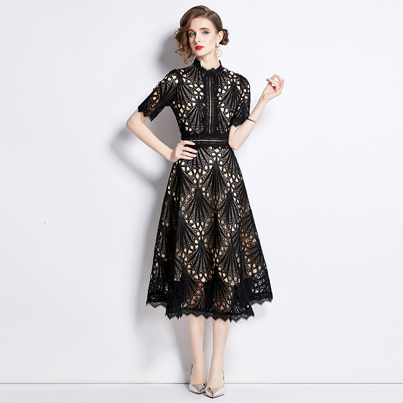 French Style High-end Lace Patchwork Round Designer Dress Neck Dress For Women Summer New Slim Waist Elegant Flared Gown
