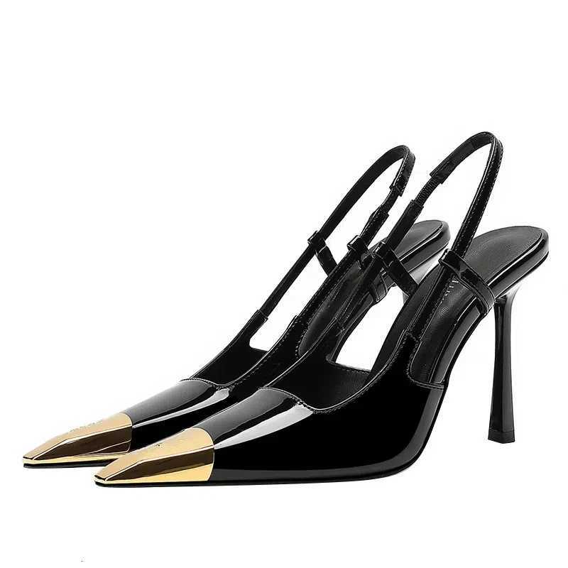 New Summer Womens High-heeled Sandals Gold Iron Head Patent Leather Black Stiletto Square Head Closed Toe Sling Back Shoes C260321