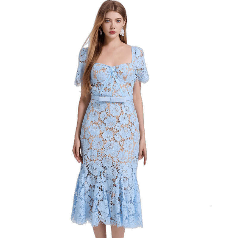 Designer French court style high-end k30 blue lace dress, sexy square neck fishtail long skirt, new women's model