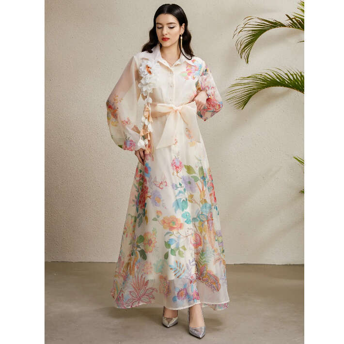 European and American women's clothing 2026 designer autumn three-dimensional floral B15 lantern sleeve long sleeved printed dress