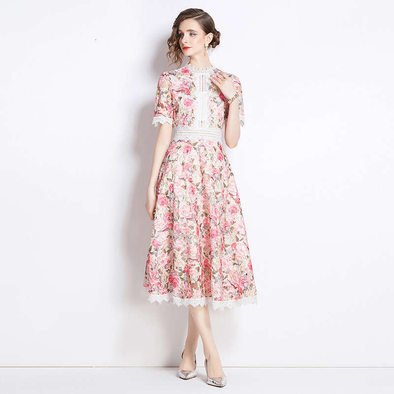 A14 2026 Summer European and American Designer Women's New French Retro Elegant Lace Patch Printed Waist Dress