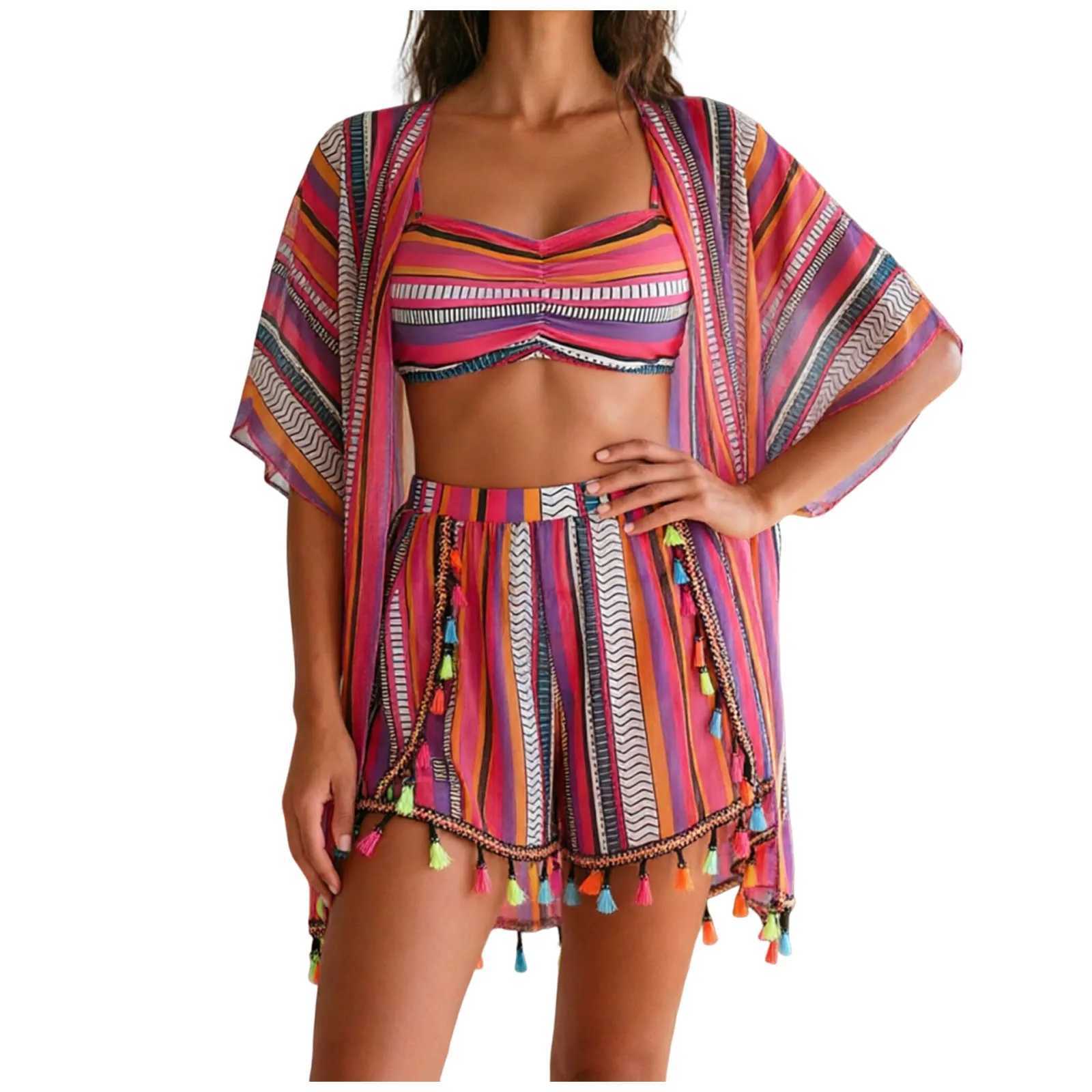 4 Piece Bikini Set 2026 Women Swimsuits Boho Tassels Sunscreen Blouse Cover Up Beach Shorts Bathing Suit Holiday Swimwear M260321