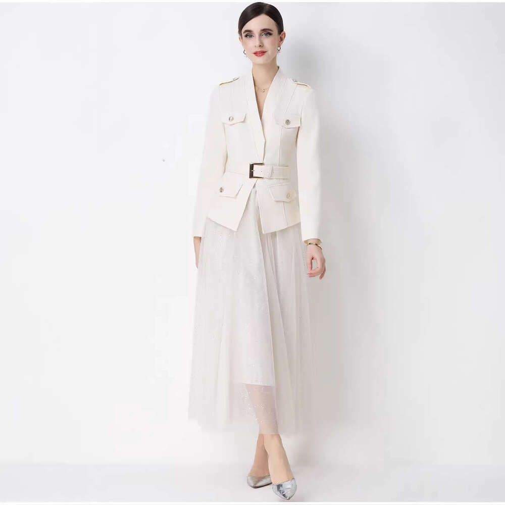 Designer Women's Fashion Suit High A14 end Texture Elegant Long sleeved Top Mesh Half skirt Two piece Set with Belt