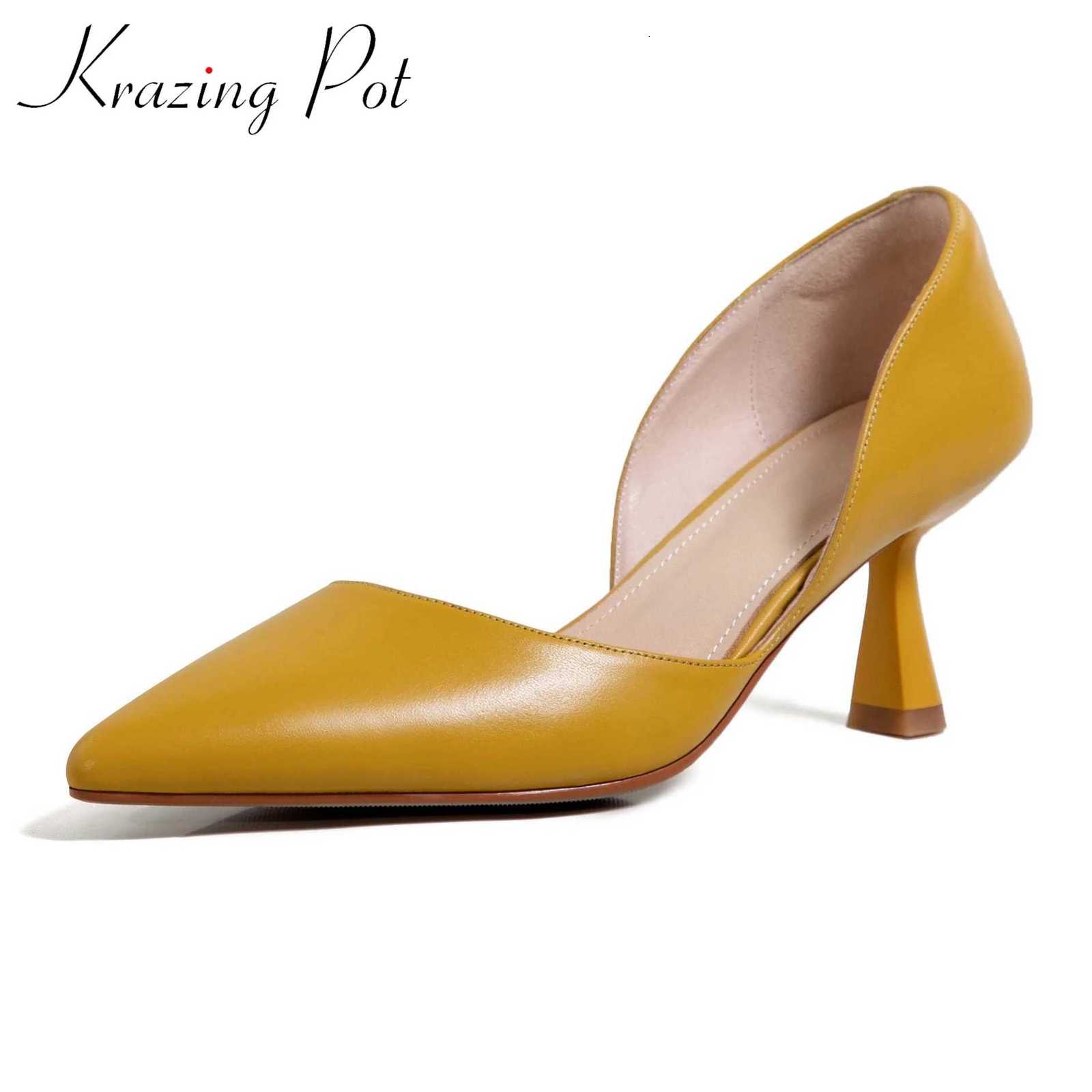 Krazing Pot Full Grain Leather Colorful Pointed Toe Stiletto High Heels Slip On Fashion Shallow Sexy Wedding Wholesale Ins Pumps C260321