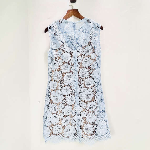 2026 Spring/Summer New Designer Blue Heavy duty Embroidered D7 Flower Lace Sleeveless A-line Dress