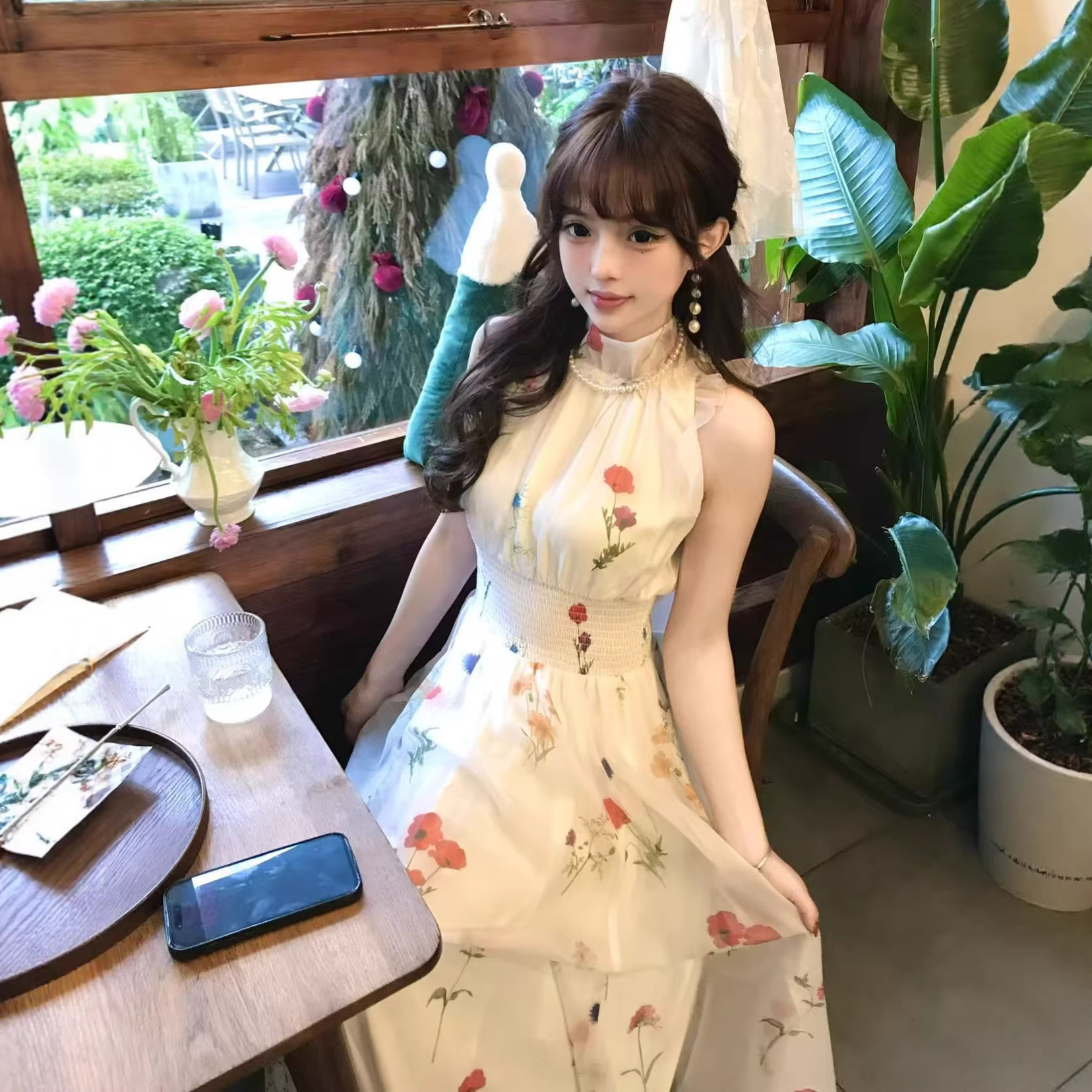 Early Spring Japanese Style Sweet And Elegant Designer Dress Halter Neck Waist-cinching Bow Dress