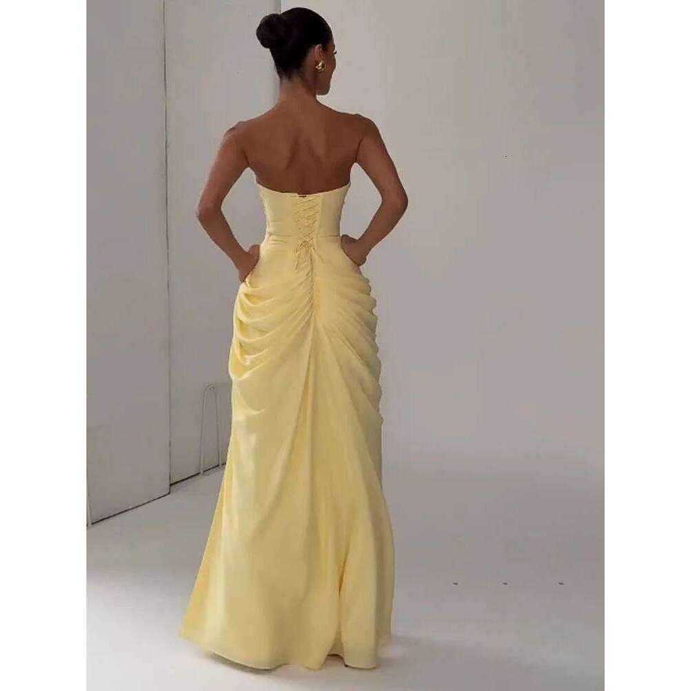 Women Sexy Solid Pleated Strapless Dress Lady Chic Off-Shoulder Backless High Waist Split Dresses 2026 New Evening Party Gown Gowns Elegant
