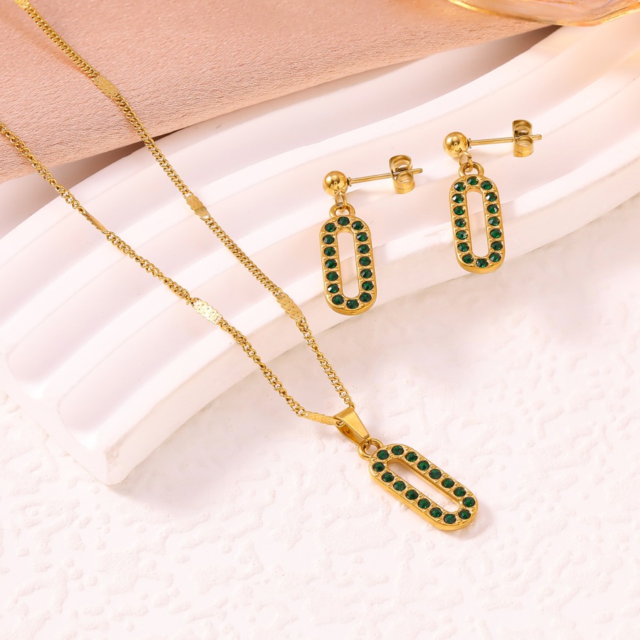 Luxurious sophisticated niche design diamond-studded jewelry set for women, stainless steel plated with 18K gold, oval necklace and earrings - view 3